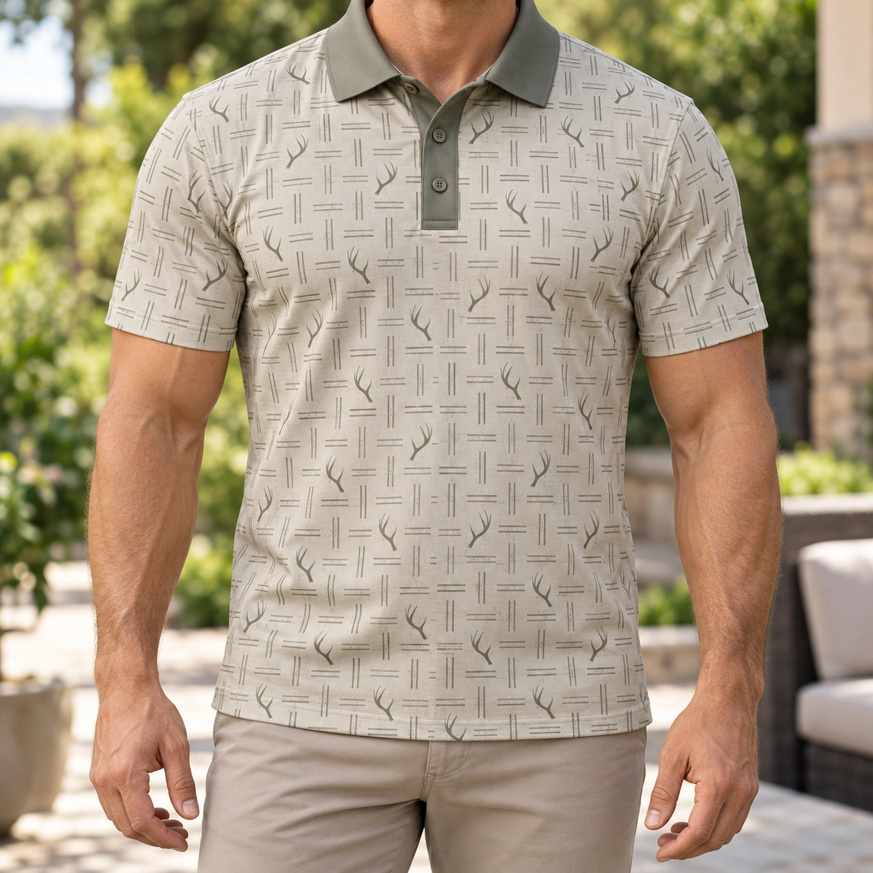 Antler Broken Basket Stone Olive Polo Shirt - Model wearing the product