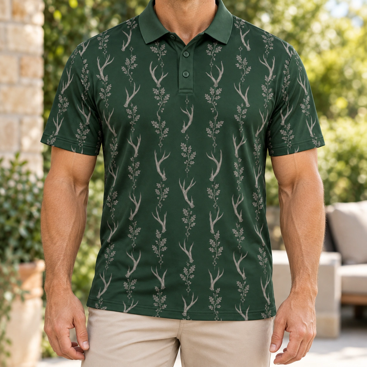 Antler Oak Filigree Forest Pewter Polo Shirt - Model wearing the product