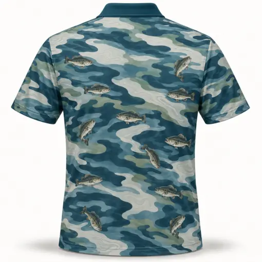 Bass Current Camo Mineral Blue Polo Shirt - Back view