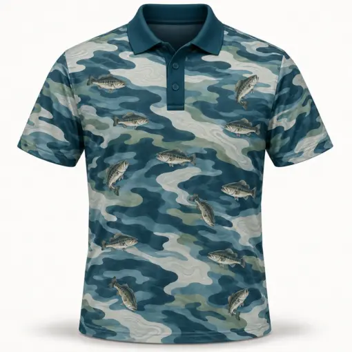 Bass Current Camo Mineral Blue Polo Shirt - Front view