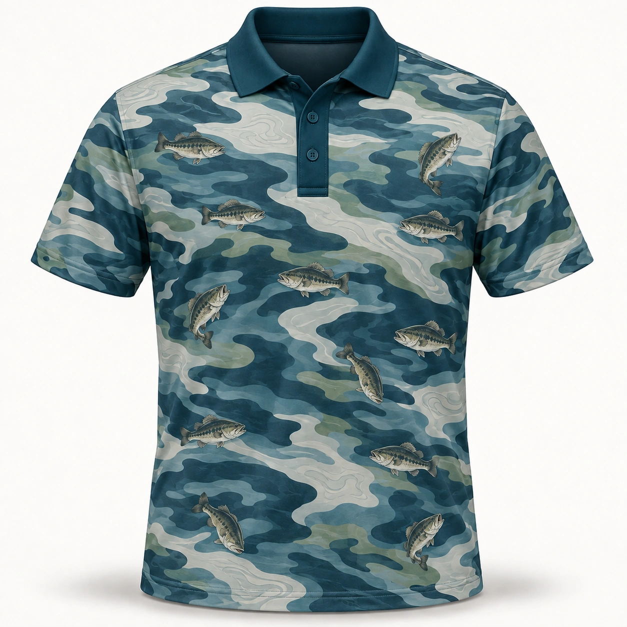 Bass Current Camo Mineral Blue Polo Shirt - Front view