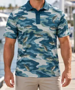 Bass Current Camo Mineral Blue Polo Shirt - Model wearing the product