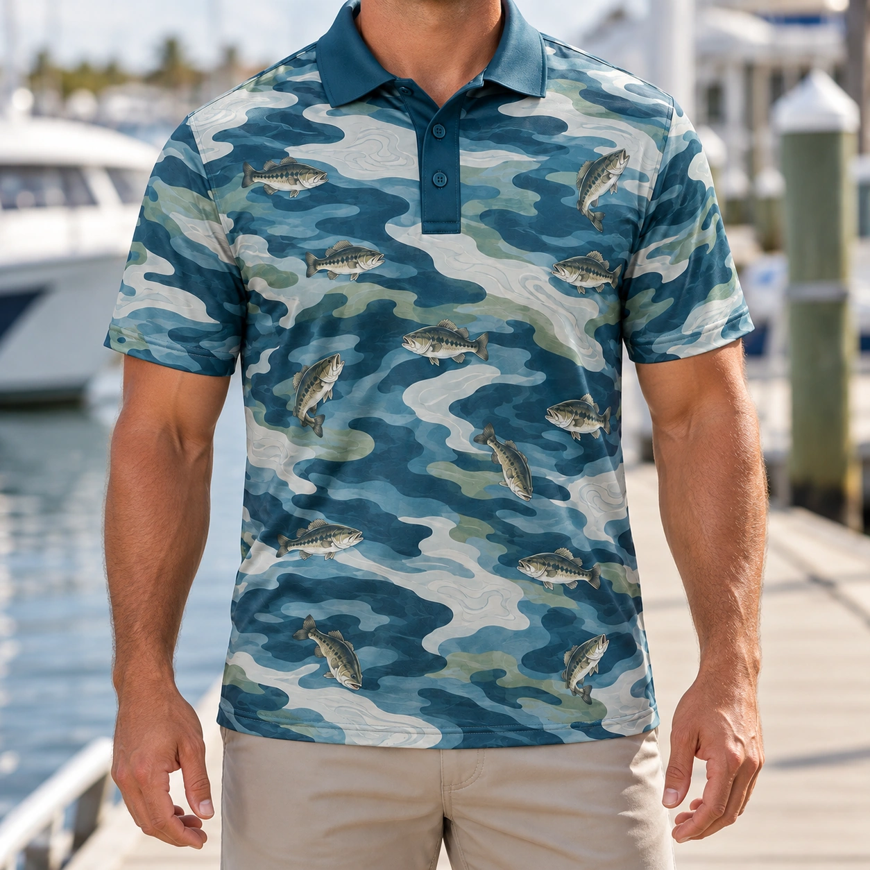 Bass Current Camo Mineral Blue Polo Shirt - Model wearing the product