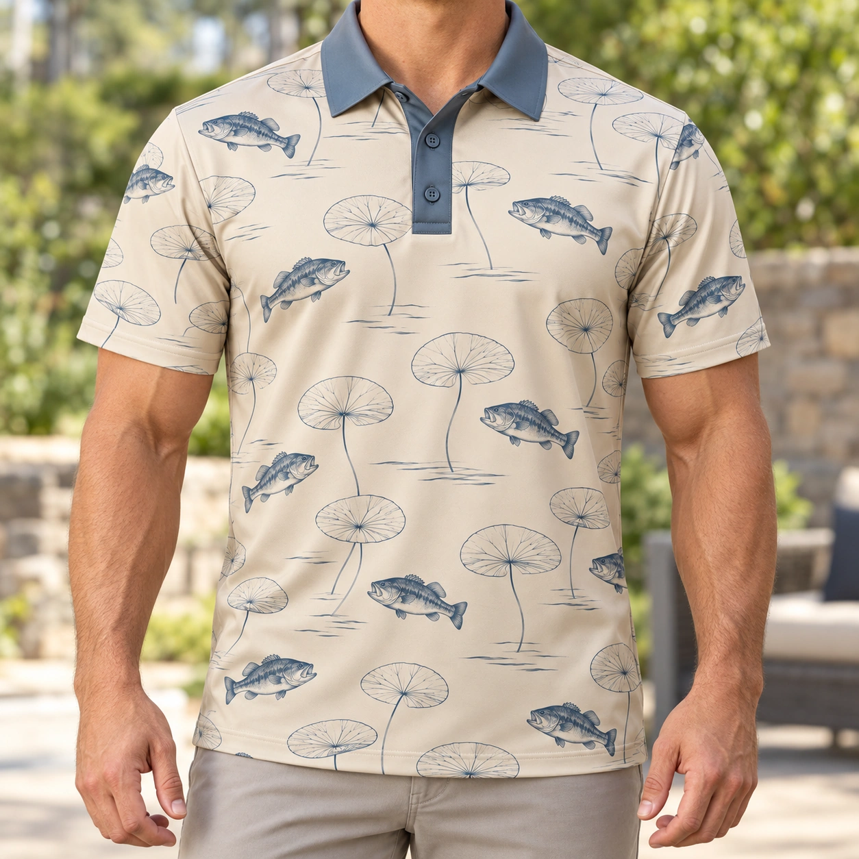 Bass Lotus Contours Oat Slate Polo Shirt - Model wearing the product