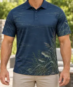 Bass Quiet Bank Navy Sage Polo Shirt - Model wearing the product
