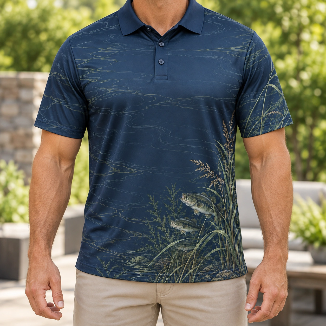 Bass Quiet Bank Navy Sage Polo Shirt - Model wearing the product