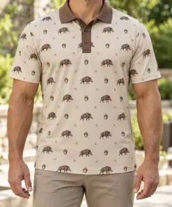Boar Acorn Open Check Stone Ink Polo Shirt - Model wearing the product