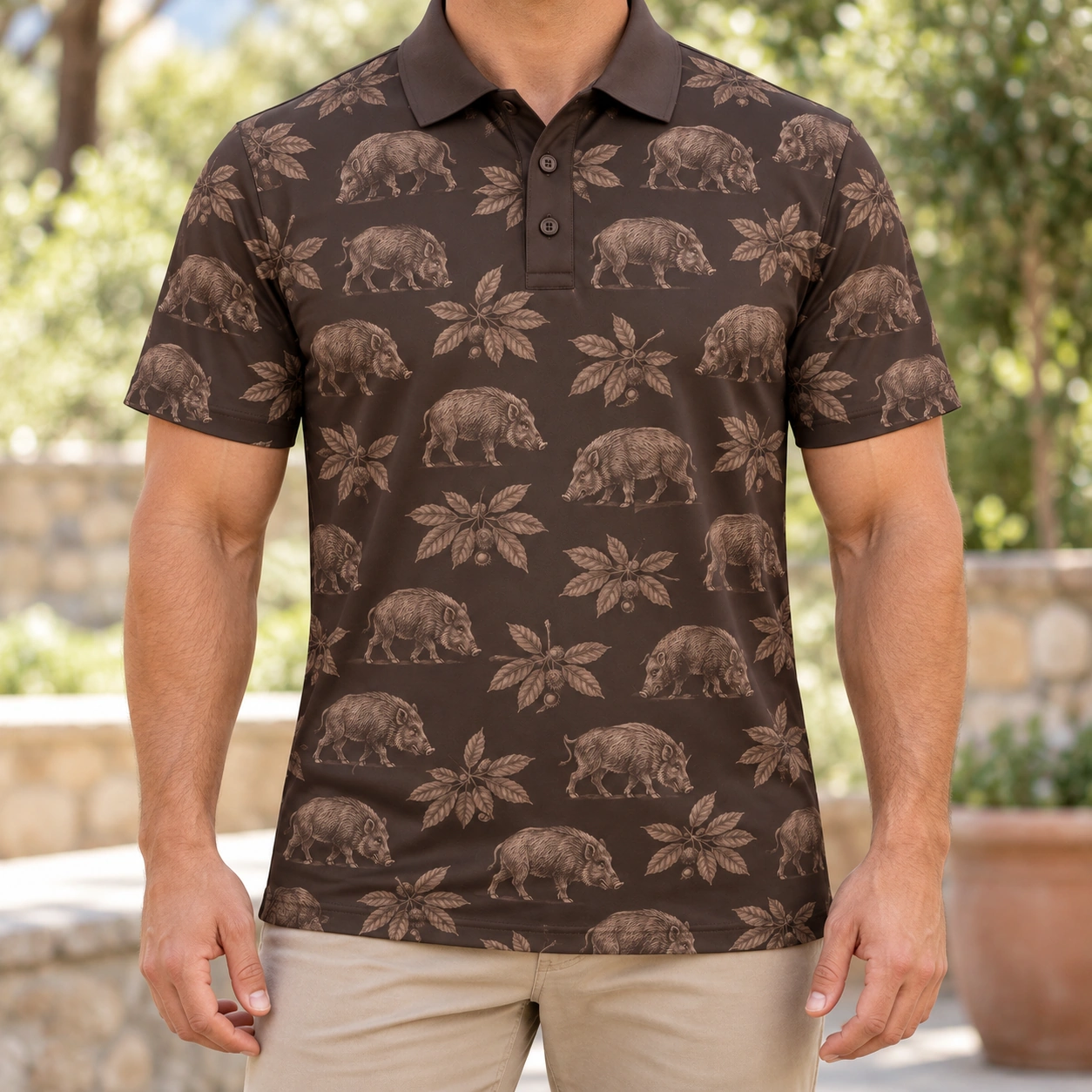 Boar Chestnut Ledger Espresso Ash Polo Shirt - Model wearing the product