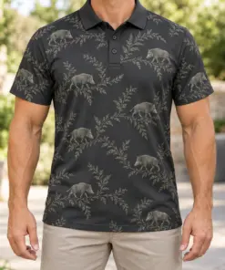 Boar Fern Drift Graphite Sage Polo Shirt - Model wearing the product