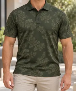 Boar Oak Leaf Mosaic Moss Pewter Polo Shirt - Model wearing the product