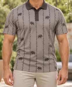 Boar Thorn Pinstripe Clay Charcoal Polo Shirt - Model wearing the product