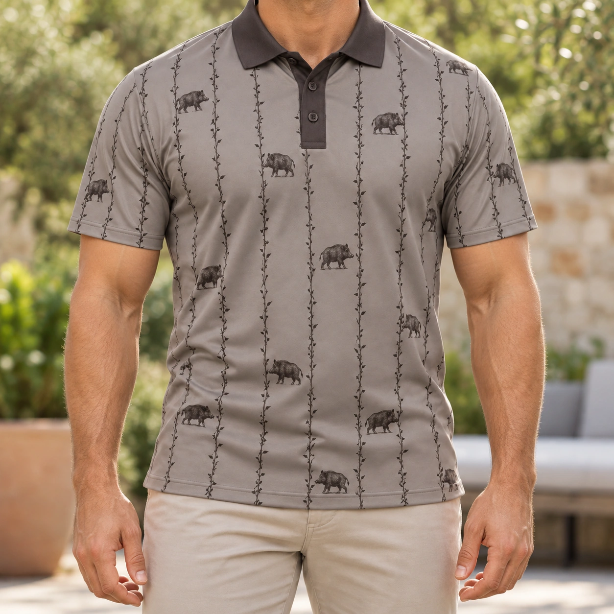 Boar Thorn Pinstripe Clay Charcoal Polo Shirt - Model wearing the product