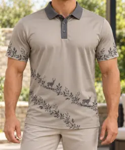Deer Laurel Sash Taupe Ink Polo Shirt - Model wearing the product