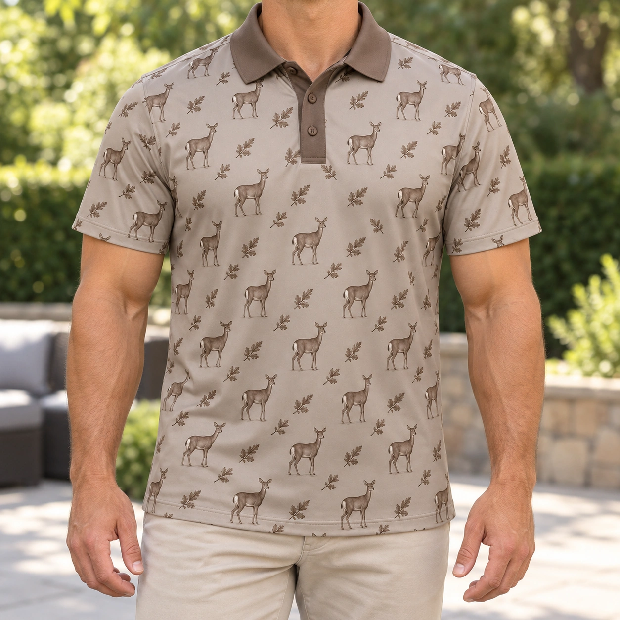 Deer Oak Checker Clay Slate Polo Shirt - Model wearing the product