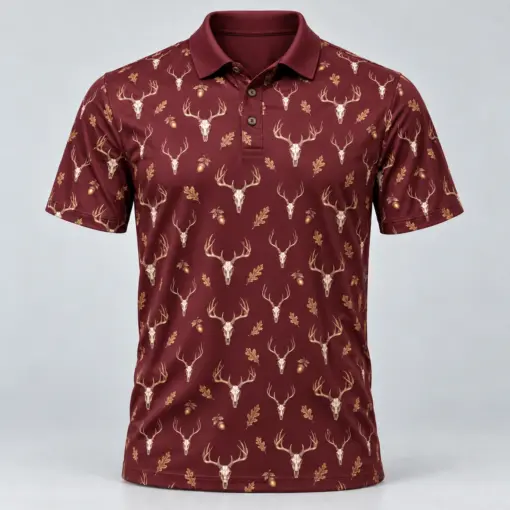 Deer Skulls Burgundy Brass Polo Shirt - Front view