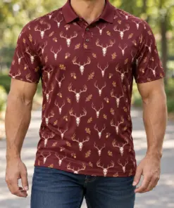 Deer Skulls Burgundy Brass Polo Shirt - Model wearing the product