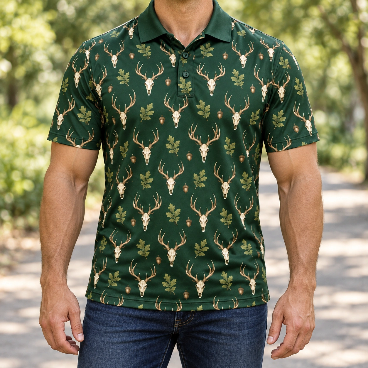 Deer Skulls Forest Ivory Polo Shirt - Model wearing the product
