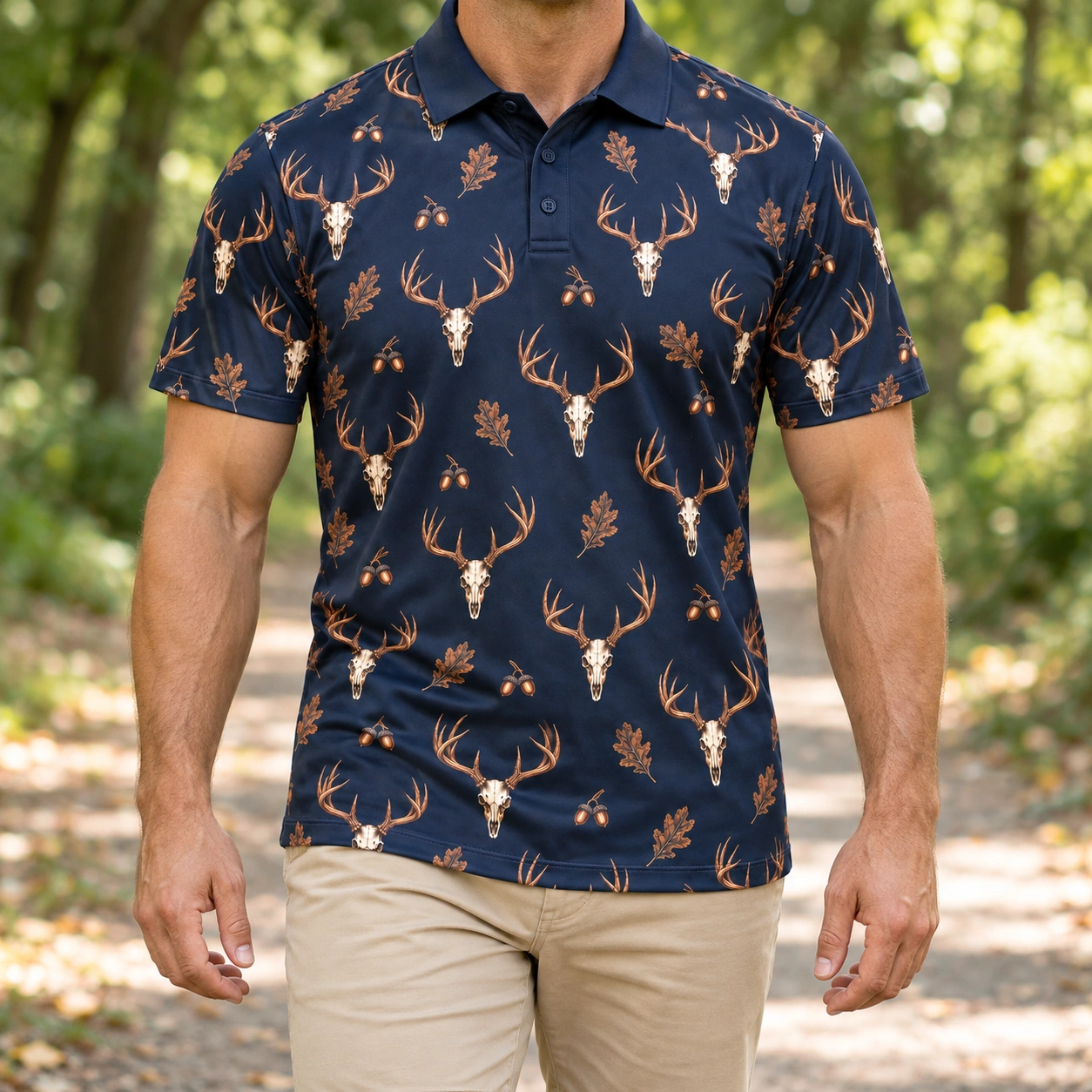 Deer Skulls Midnight Copper Polo Shirt - Model wearing the product