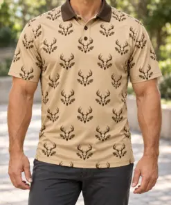 Deer Skulls Sand Heritage Polo Shirt - Model wearing the product