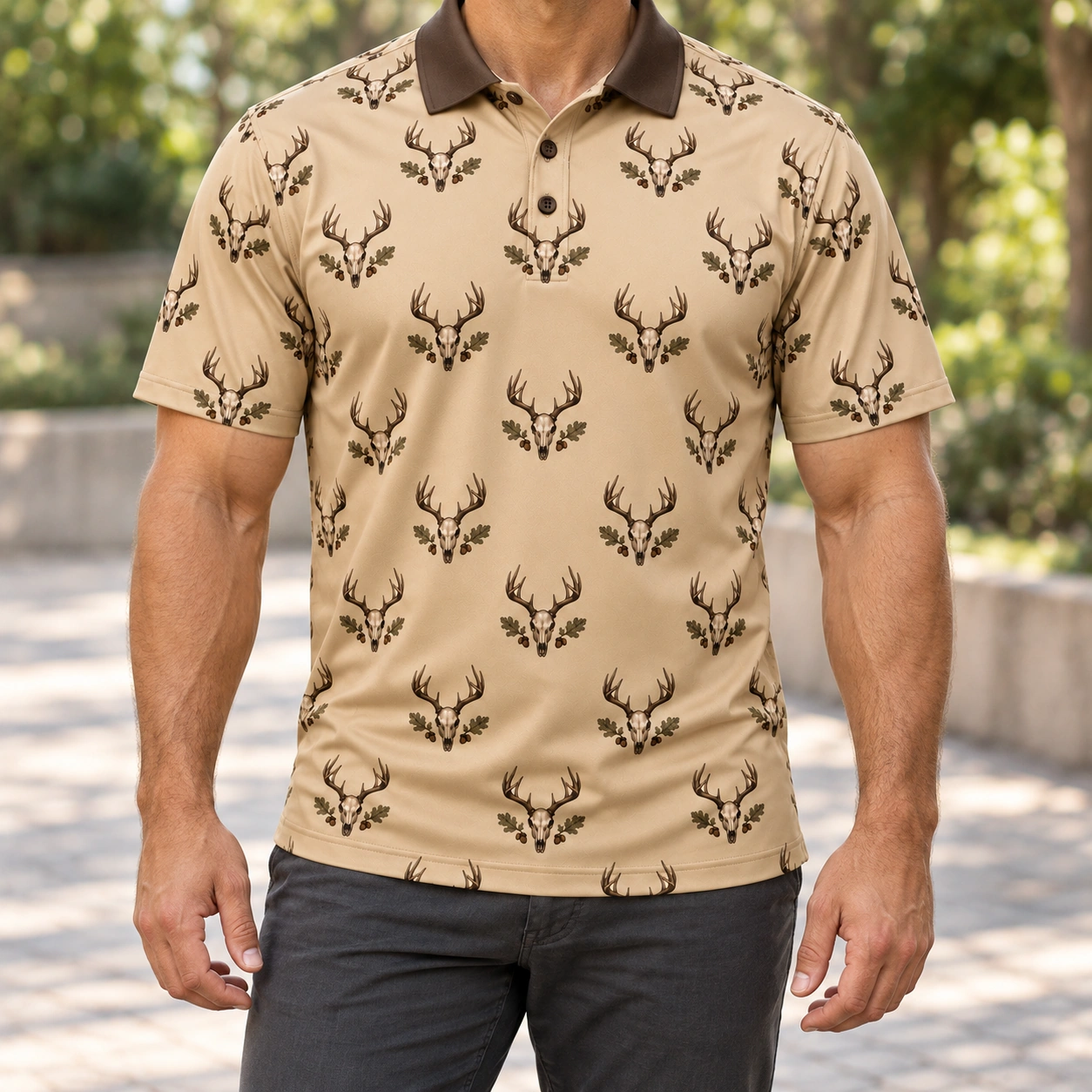Deer Skulls Sand Heritage Polo Shirt - Model wearing the product