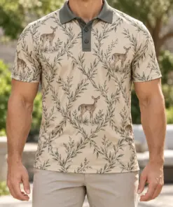 Deer Willow Diamond Oat Charcoal Polo Shirt - Model wearing the product