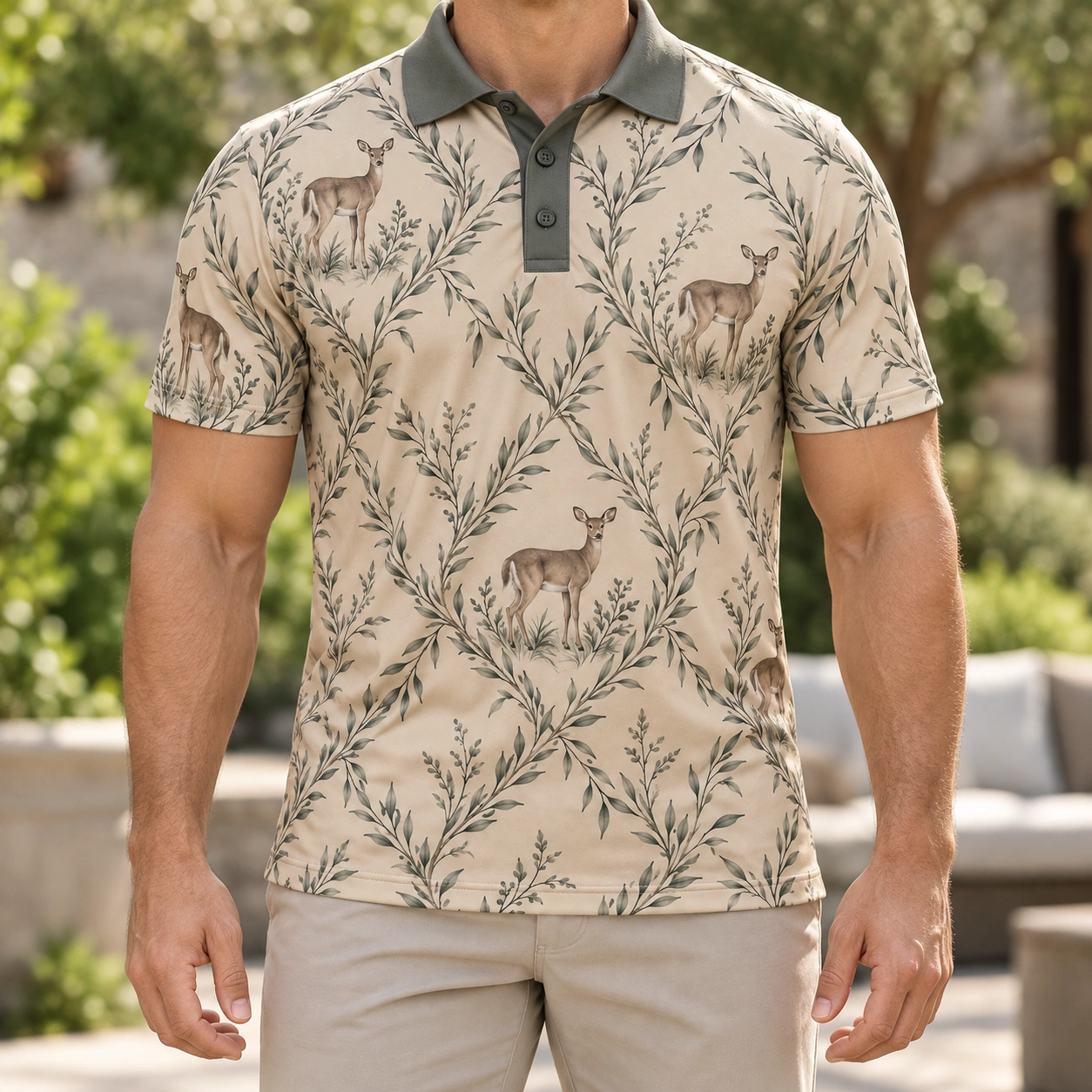 Deer Willow Diamond Oat Charcoal Polo Shirt - Model wearing the product
