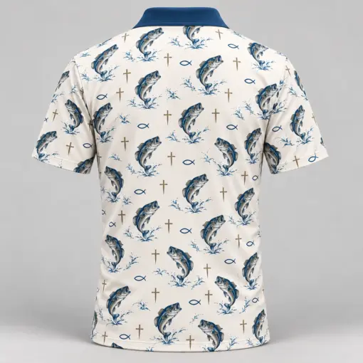 Faith and Fishing Ivory Blue Polo Shirt - Back view