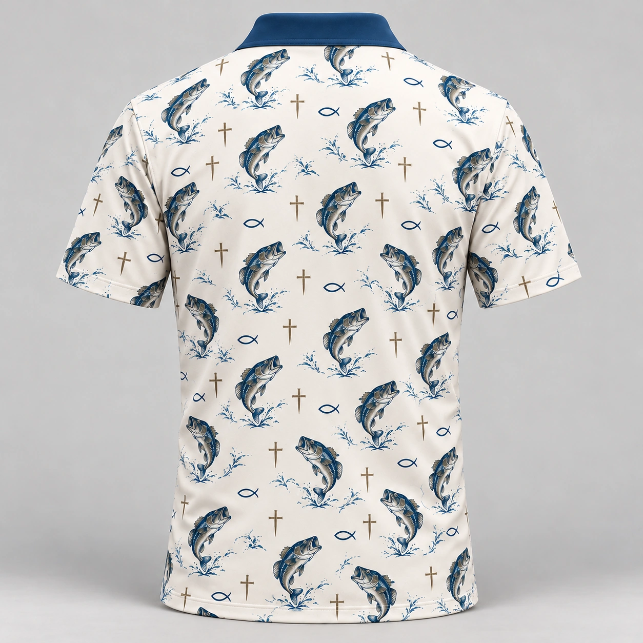 Faith and Fishing Ivory Blue Polo Shirt - Back view