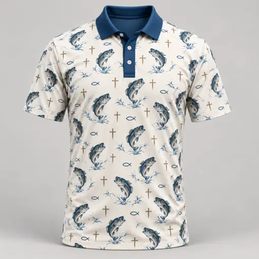 Faith and Fishing Ivory Blue Polo Shirt - Front view
