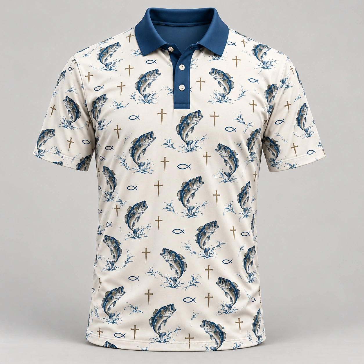 Faith and Fishing Ivory Blue Polo Shirt - Front view