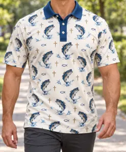 Faith and Fishing Ivory Blue Polo Shirt - Model wearing the product