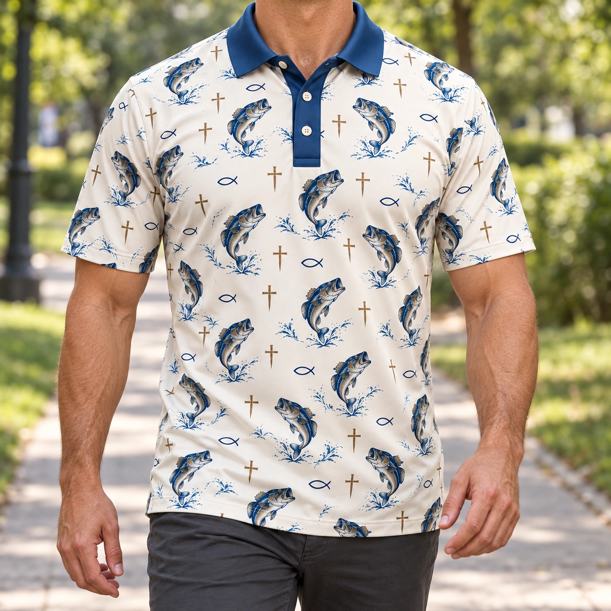 Faith and Fishing Ivory Blue Polo Shirt - Model wearing the product