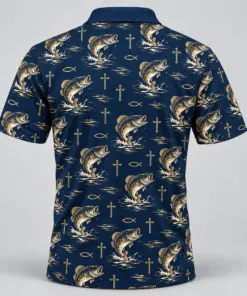 Faith and Fishing Navy Gold Polo Shirt - Back view