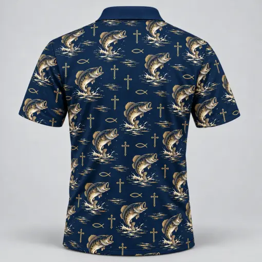 Faith and Fishing Navy Gold Polo Shirt - Back view