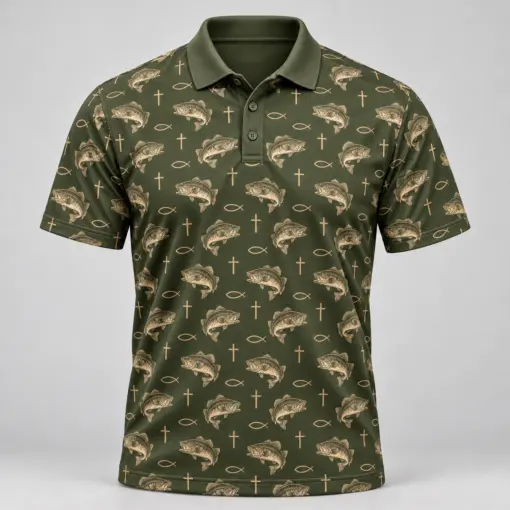 Faith and Fishing Olive Bone Polo Shirt - Front view