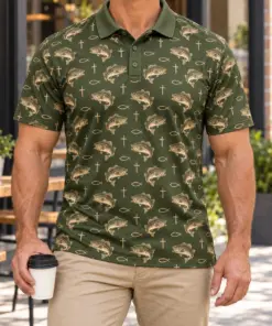 Faith and Fishing Olive Bone Polo Shirt - Model wearing the product