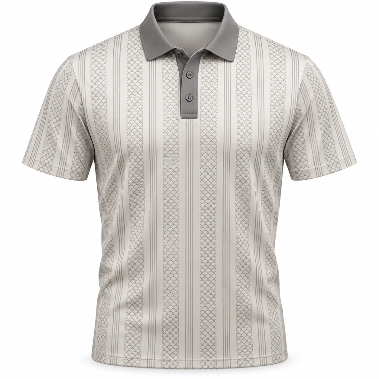 Fish Scale Fine Pinstripe Pearl Pewter Polo Shirt - Front view