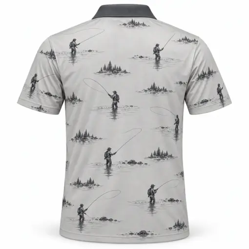 Fly Cast River Arc Ash Charcoal Polo Shirt - Back view