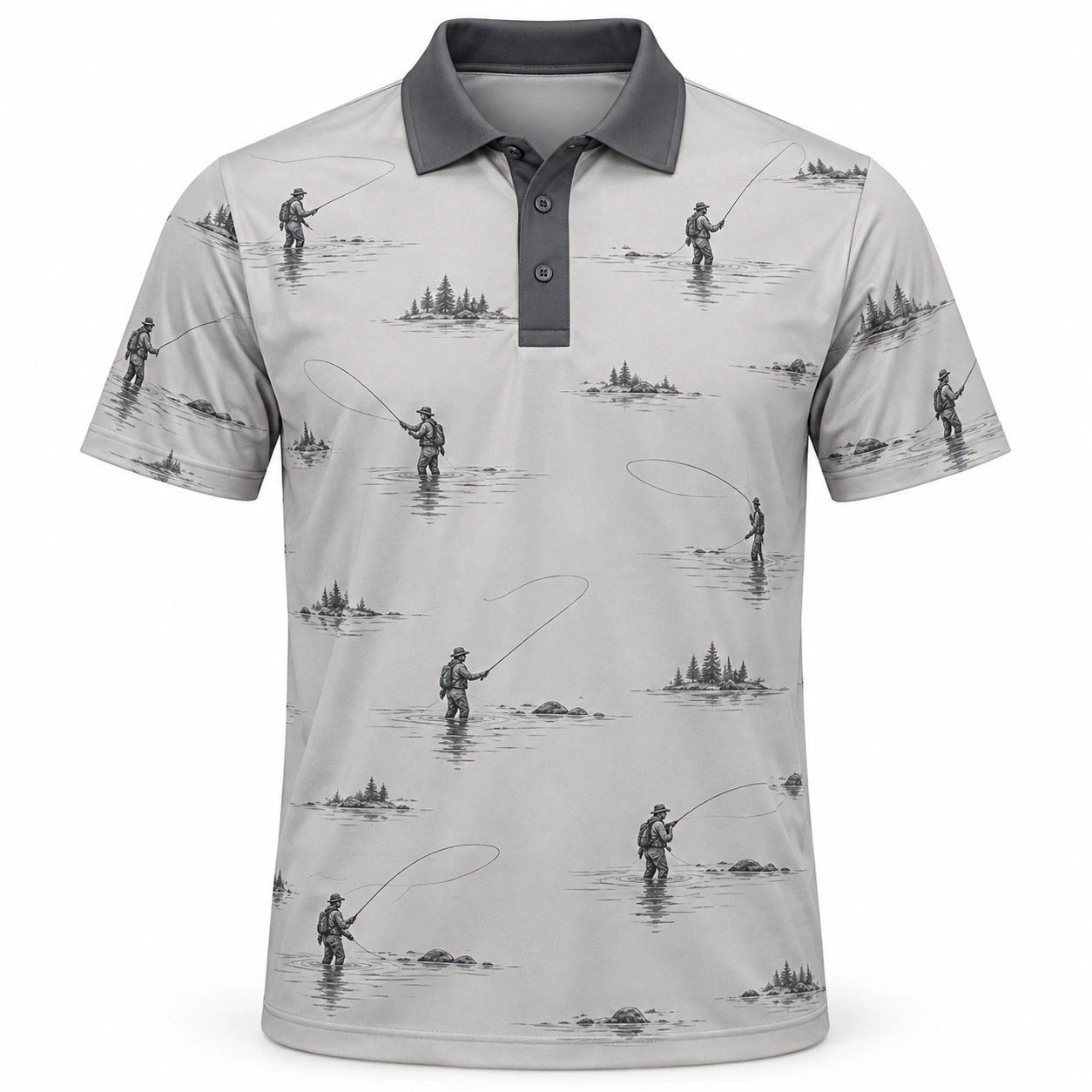 Fly Cast River Arc Ash Charcoal Polo Shirt - Front view