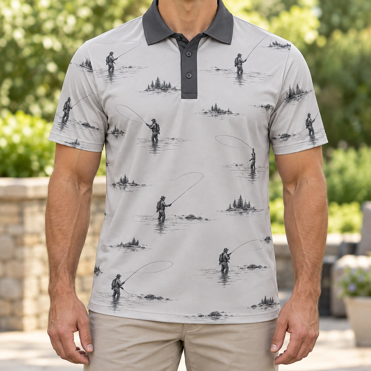 Fly Cast River Arc Ash Charcoal Polo Shirt - Model wearing the product