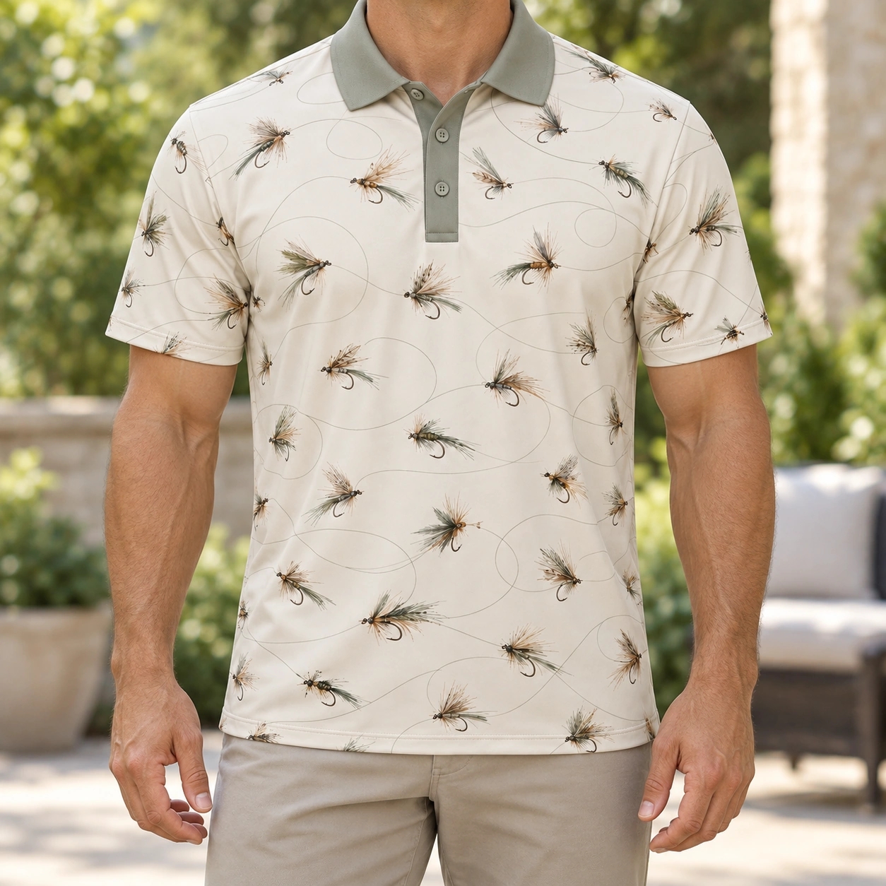 Fly Line Loops Pearl Sage Polo Shirt - Model wearing the product