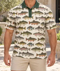 Freshwater Fish Collection Ivory Archive Polo Shirt - Model wearing the product