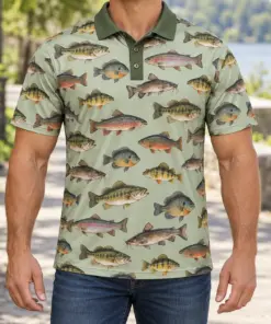 Freshwater Fish Collection Sage Cabinet Polo Shirt - Model wearing the product