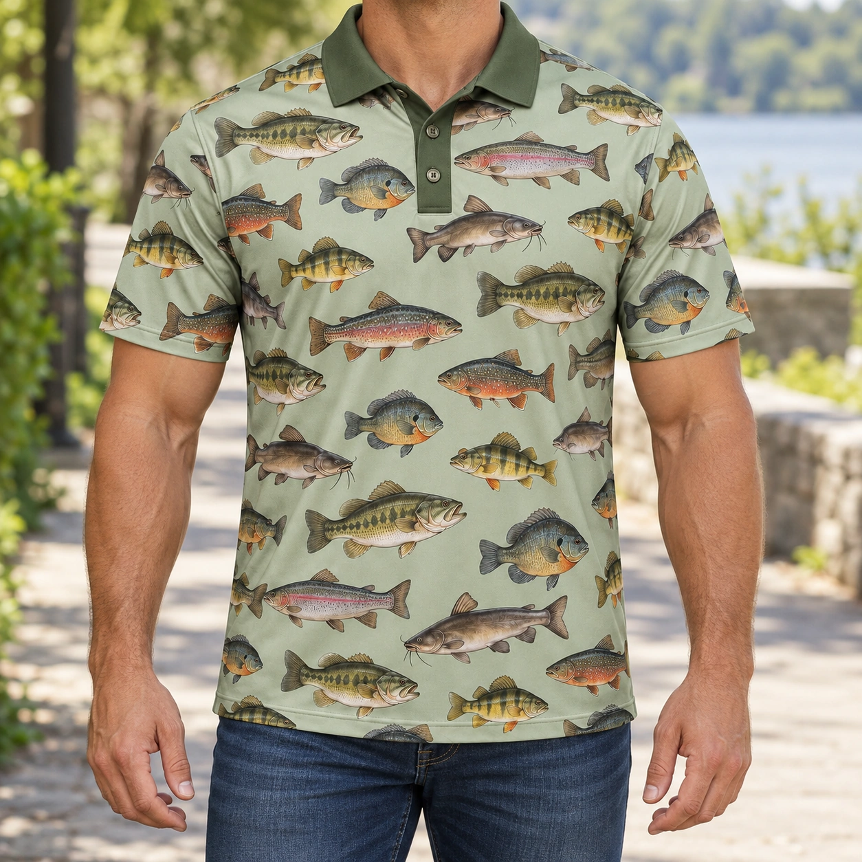 Freshwater Fish Collection Sage Cabinet Polo Shirt - Model wearing the product
