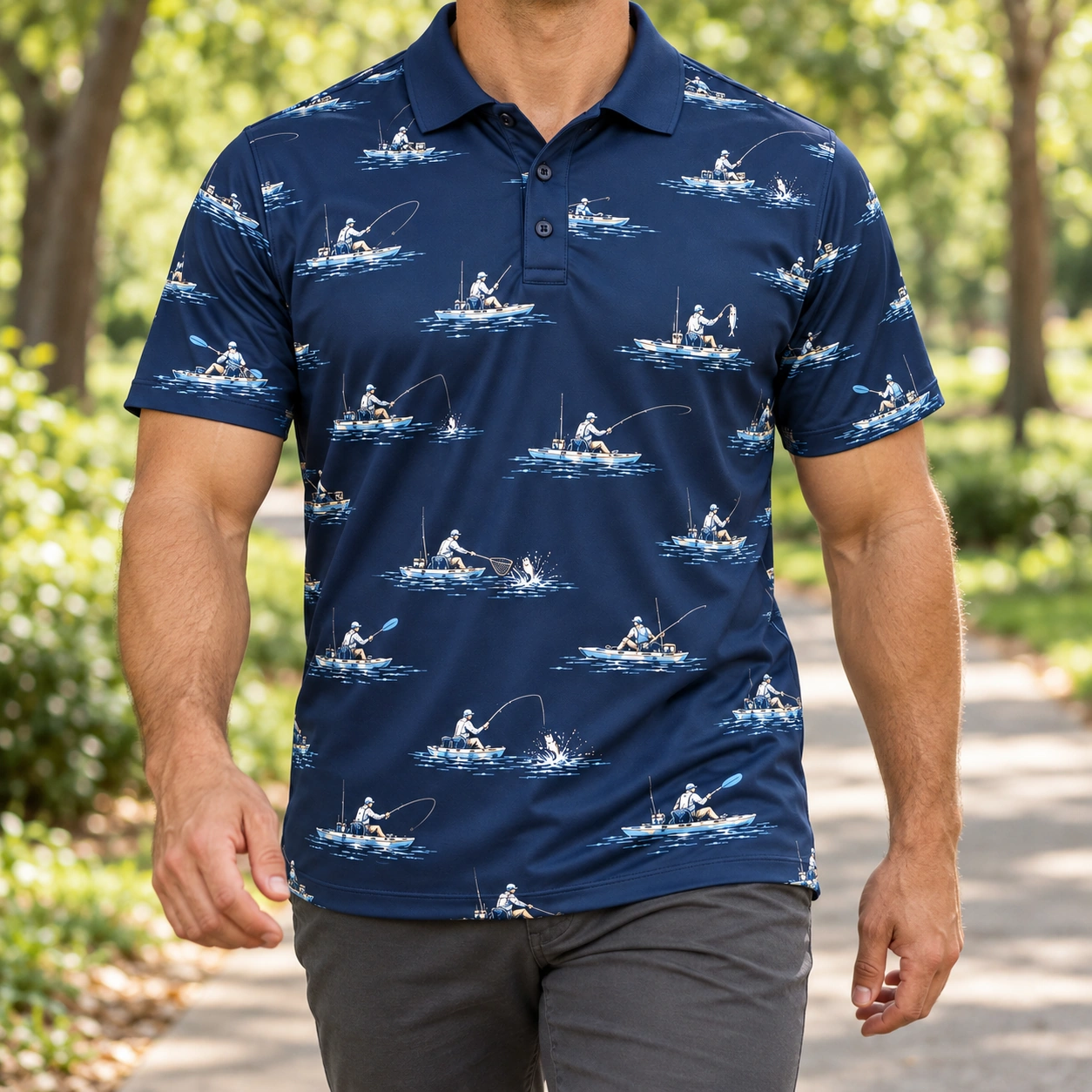 Kayak Fishing Navy Weekend Polo Shirt - Model wearing the product
