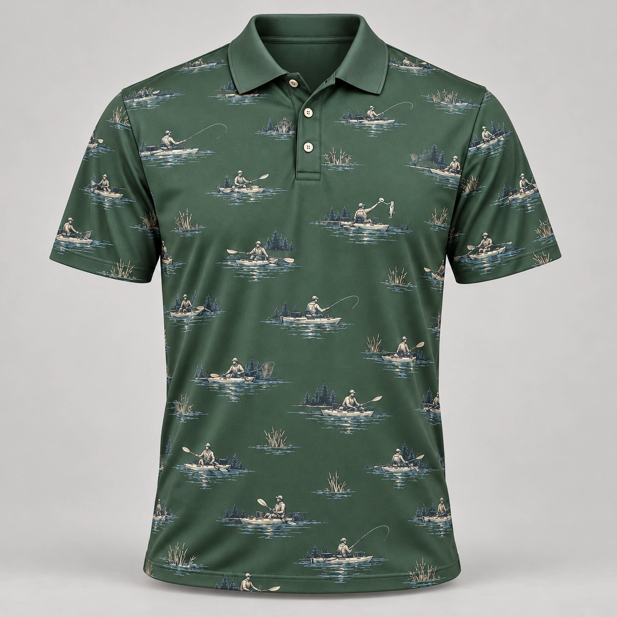 Kayak Fishing River Sage Polo Shirt - Front view