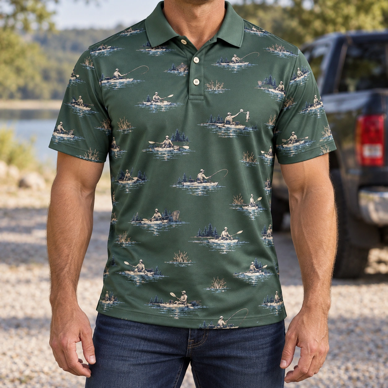 Kayak Fishing River Sage Polo Shirt - Model wearing the product