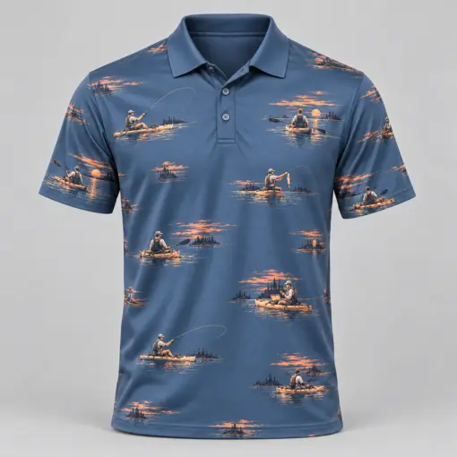 Kayak Fishing Slate Sunset Polo Shirt - Front view