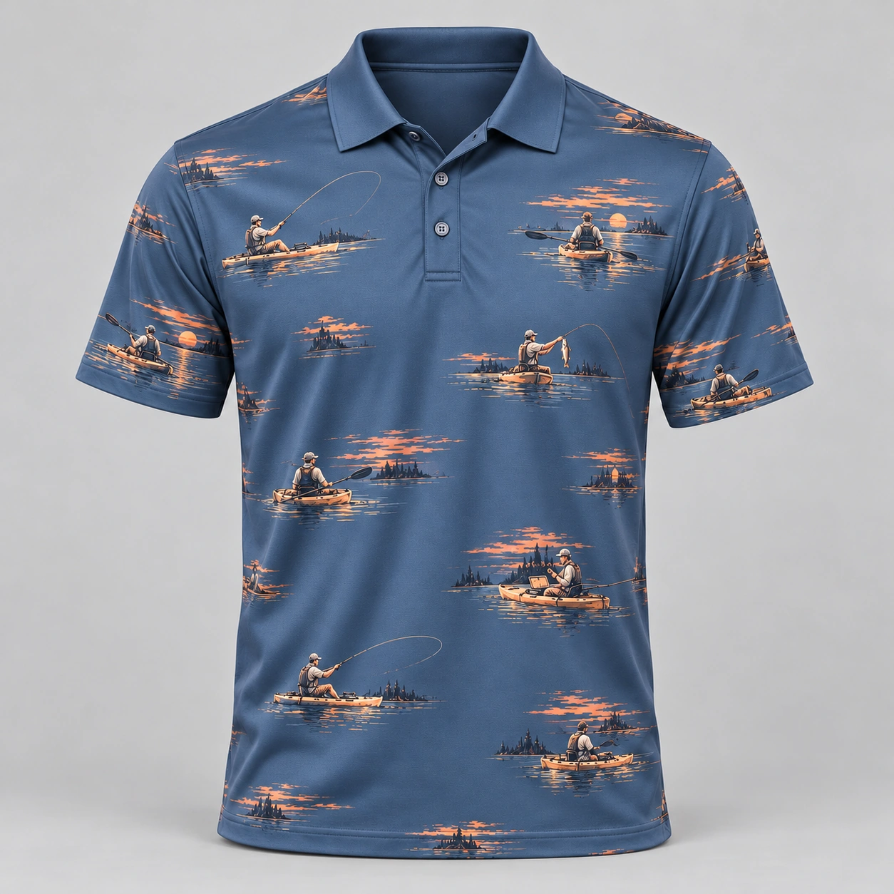 Kayak Fishing Slate Sunset Polo Shirt - Front view