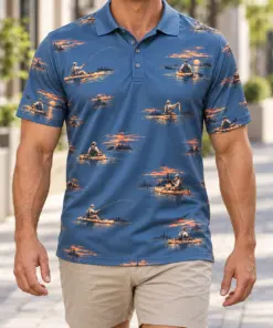 Kayak Fishing Slate Sunset Polo Shirt - Model wearing the product